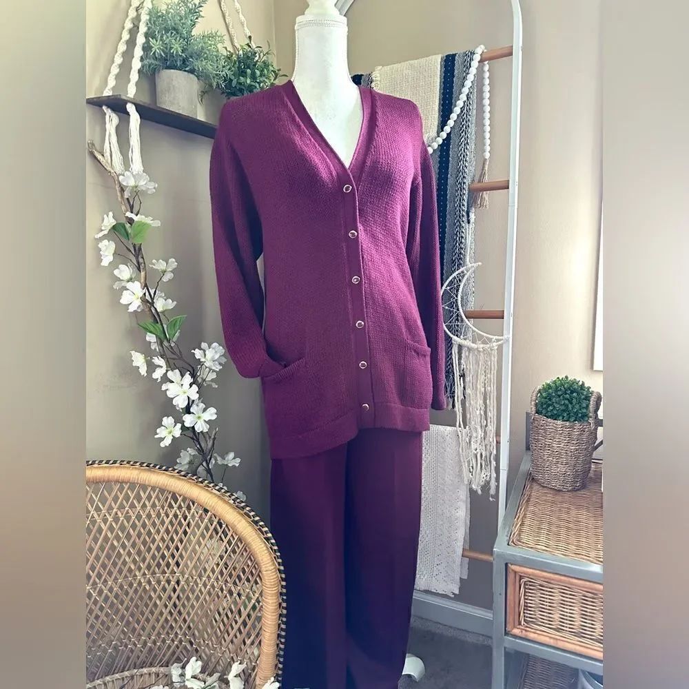Vintage Marie St John Knit Burgundy 2 Piece Cardigan Pant Set